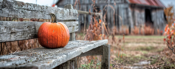 A pumpkin sitting on a rustic, weathered bench with a faded barn in the background. Ample copy space is provided on the left side of the poster.