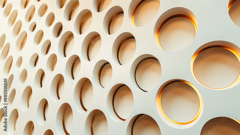 Poster abstract wall with circular light patterns innovative architecture white and bronze tones