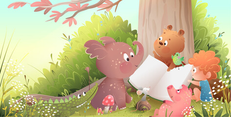 Cute animals and child for children under forest tree school reading book. Study and education illustration for school. Bear elephant pig mouse and girl read fairy tale. Vector illustration for kids.