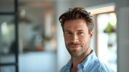 Obraz premium Smiling Handsome Man in Casual Attire Relaxing at Home