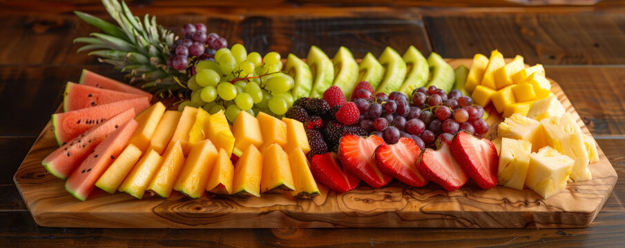 A fresh fruit platter featuring a variety of sliced melons, berries, pineapple, and grapes, arranged beautifully on a wooden board.