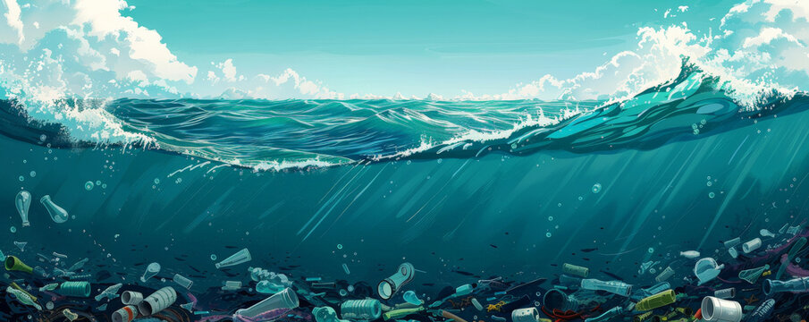 A polluted ocean scene with plastic waste floating among the waves, emphasizing the urgent need for clean-up. The top half of the poster has ample space for text or graphics.