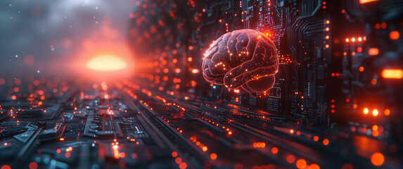 Obraz premium This image features a highly advanced AI brain interface set against a backdrop of intricate digital circuitry.