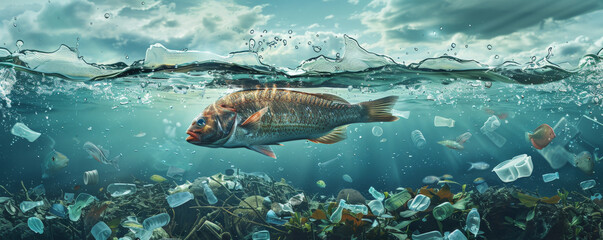 A polluted ocean scene with a dead fish surrounded by plastic waste, emphasizing the impact on marine life. The top of the poster is reserved for environmental awareness messages.