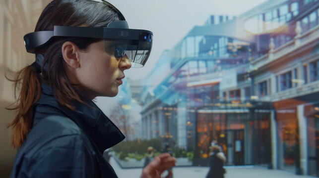 People using AR glasses or devices to overlay digital information onto the real world, such as interactive maps, virtual assistants, or educational overlays in museums or historical sites.