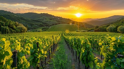 Naklejka premium Sunset view of summer vineyard.
