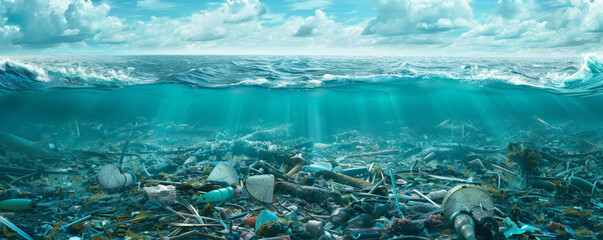 A polluted ocean with large patches of floating debris and a distant shoreline. The upper part of the poster is left blank for environmental messages.