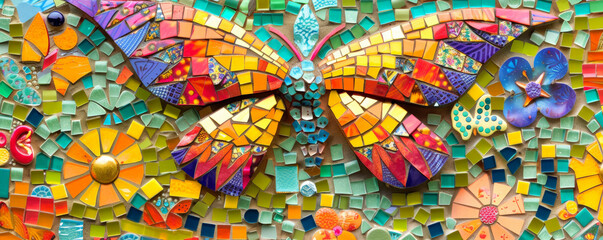 Fototapeta premium Colorful mosaic showcasing a butterfly motif with vibrant tiles, forming a cheerful and intricate pattern.