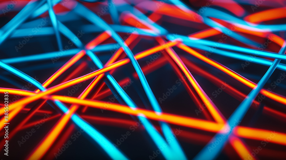 Poster close up of neon lines forming abstract shapes on a dark background blue and orange spotlights addin