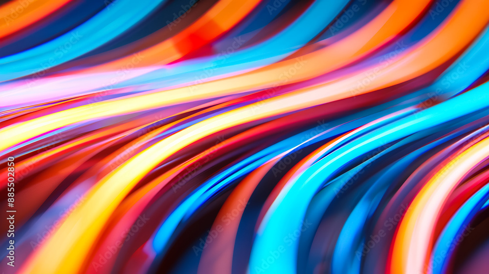 Poster close up of neon lines forming abstract shapes on a dark background blue and orange spotlights addin