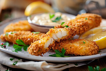 Breaded and fried fish fingers served with remoulade sauce and lemon