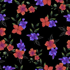 Colorful floral seamless pattern on black background