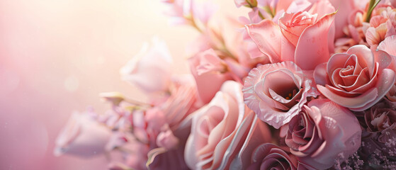 A delicate arrangement of soft pink roses in full bloom, exuding elegance and romance against a pastel background.