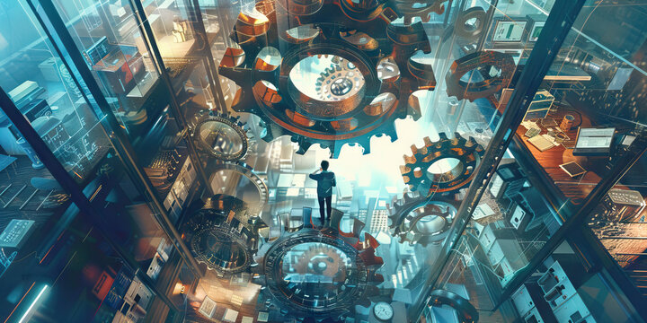 The Gears of Government: An overhead shot of a government office, revealing the complex web of departments and offices.