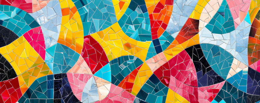 Colorful mosaic with abstract shapes and vivid hues, creating a bold and dynamic pattern that captures attention.