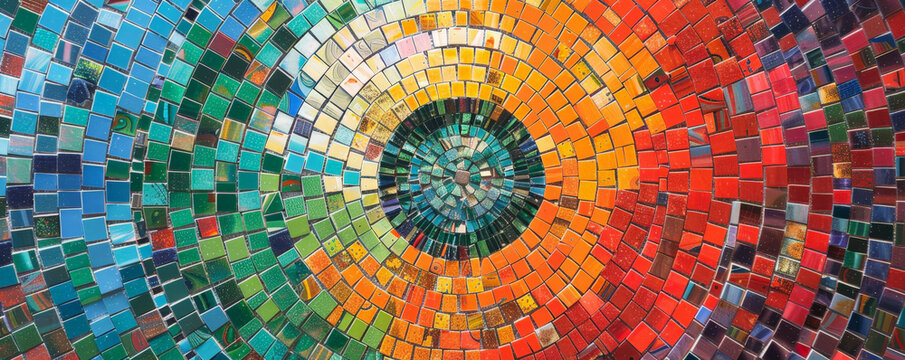 Colorful mosaic with a radial pattern, using a variety of colors to create a striking and dynamic visual effect.