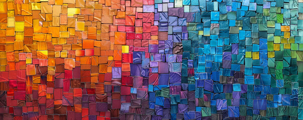 Colorful mosaic featuring a cityscape in vibrant colors, forming a detailed and visually appealing pattern.