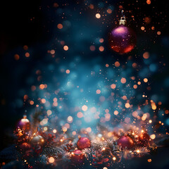 christmas holiday dark background with xmas decorations and baubles; bokeh effect; festive frame for card or banner; copy space