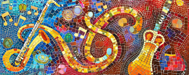Colorful mosaic with a music theme, using bright colors to depict instruments and notes in a lively pattern.