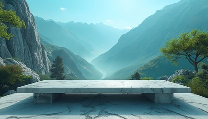 A mockup, a podium for objects, a pedestal for the presentation of cosmetics, products. A stone podium on the background of mountains with clouds and lakes.