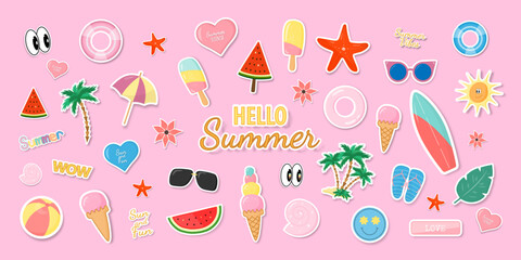A set of summer stickers on a pink background. Stickers with a shadow. Cartoon retro style. Vector illustration.