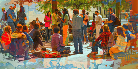 The Forum of Ideas: People of all ages, races, and genders gathering in a public square to share their thoughts and ideas.