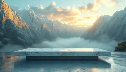 Stone podium on the background of picturesque snowy mountains, mockup for product presentation