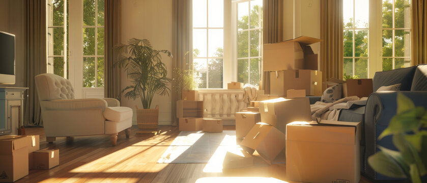 A sunlit living room filled with unpacked moving boxes, signaling the start of new beginnings in a bright and airy home.