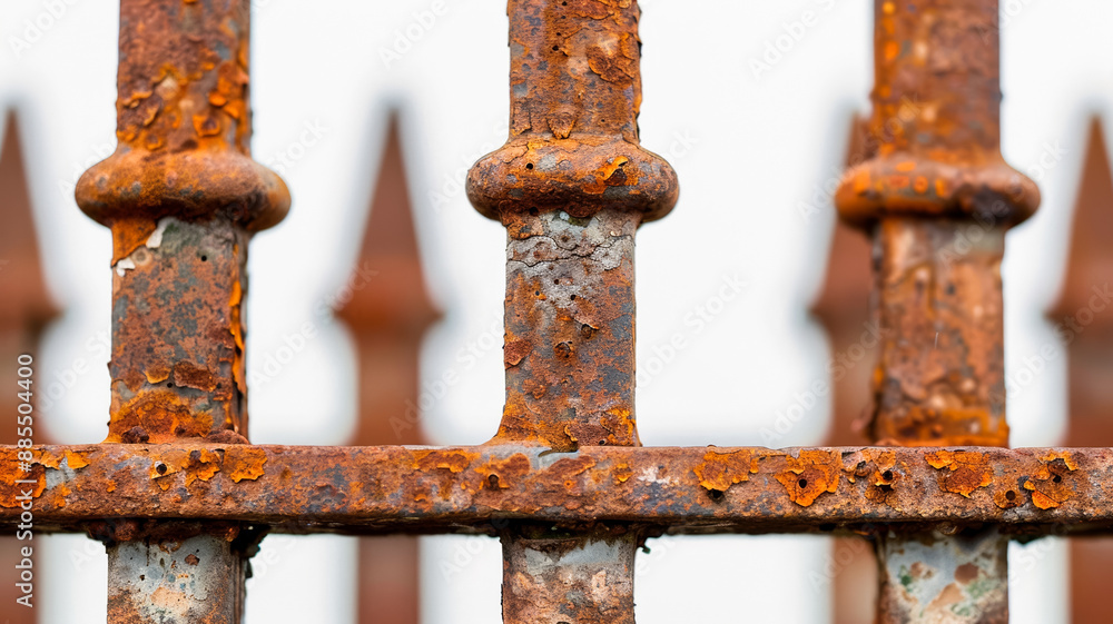 Poster corroded iron gate closeup with flaky rust and rich texture isolated on white background