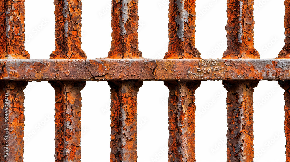 Poster corroded iron gate closeup with flaky rust and rich texture isolated on white background