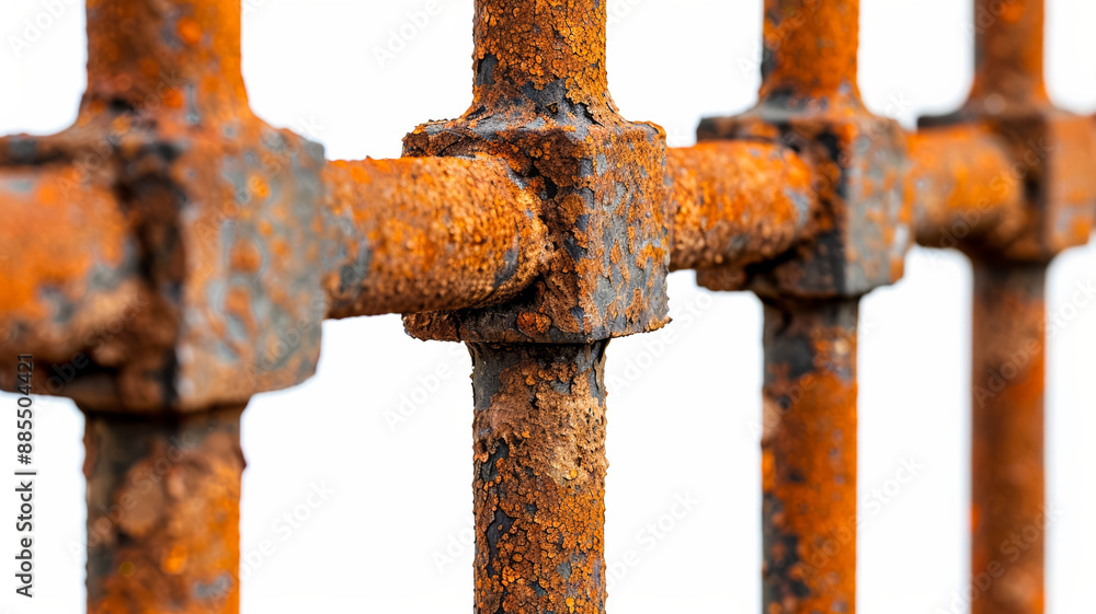 Poster corroded iron gate closeup with flaky rust and rich texture isolated on white background