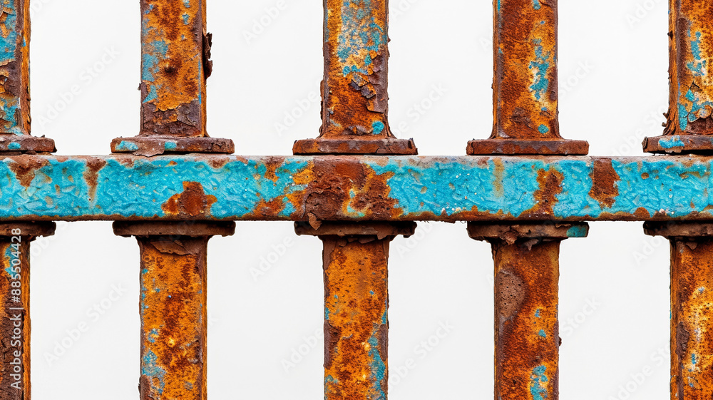 Poster corroded iron gate closeup with flaky rust and rich texture isolated on white background