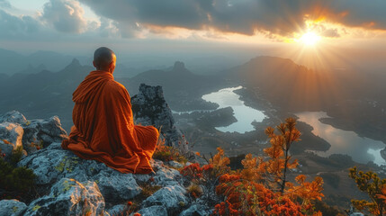 Obraz premium Monk sitting on top of a mountain, sunlight, water, silence, distant view, bright light.