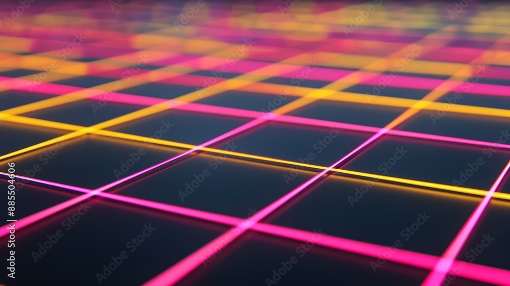 Poster dark background with neon lines forming a grid pink and yellow spotlights highlighting intersections