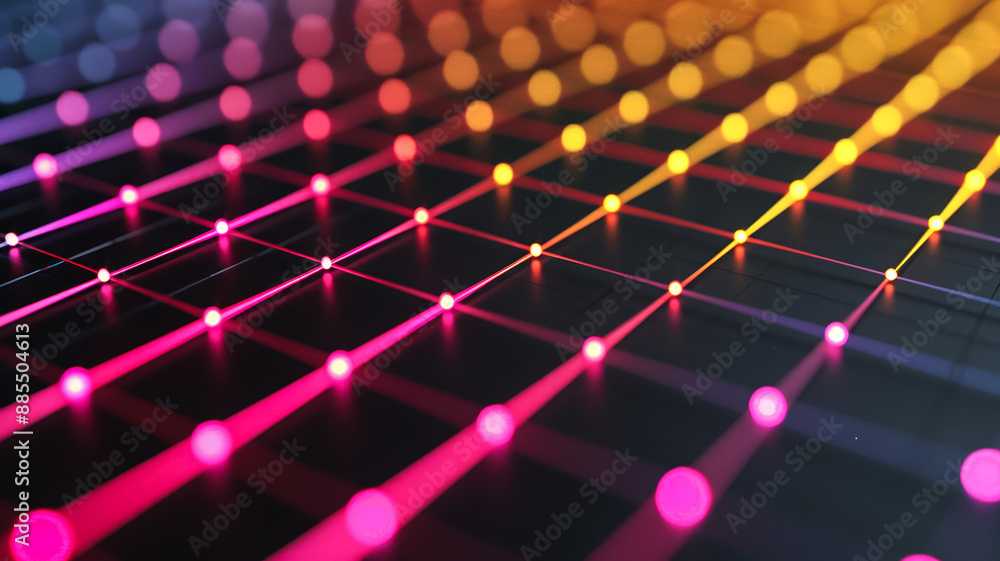Poster dark background with neon lines forming a grid pink and yellow spotlights highlighting intersections
