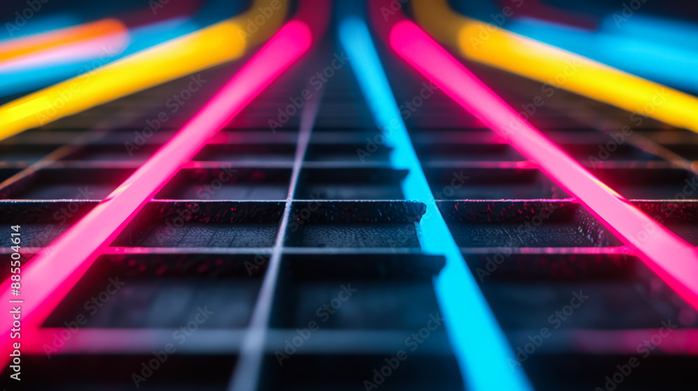 Poster dark background with neon lines forming a grid pink and yellow spotlights highlighting intersections