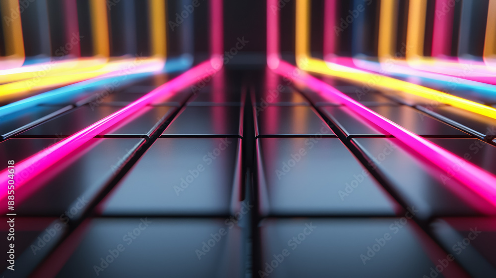 Poster dark background with neon lines forming a grid pink and yellow spotlights highlighting intersections