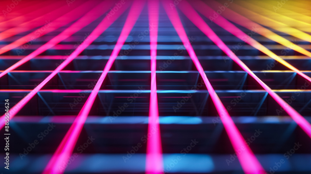 Poster dark background with neon lines forming a grid pink and yellow spotlights highlighting intersections