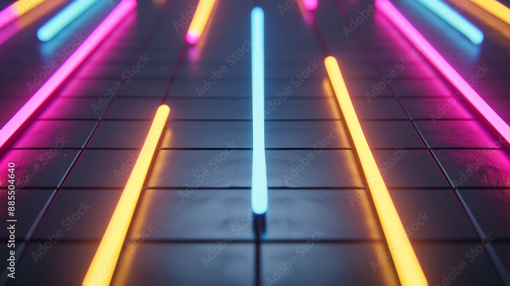 Poster dark background with neon lines forming a grid pink and yellow spotlights highlighting intersections