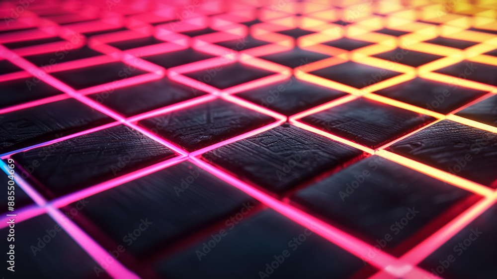Poster dark background with neon lines forming a grid pink and yellow spotlights highlighting intersections