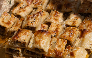 Turkish burek, tray borek, traditional meat pastries, greek cheese pie or tray burek