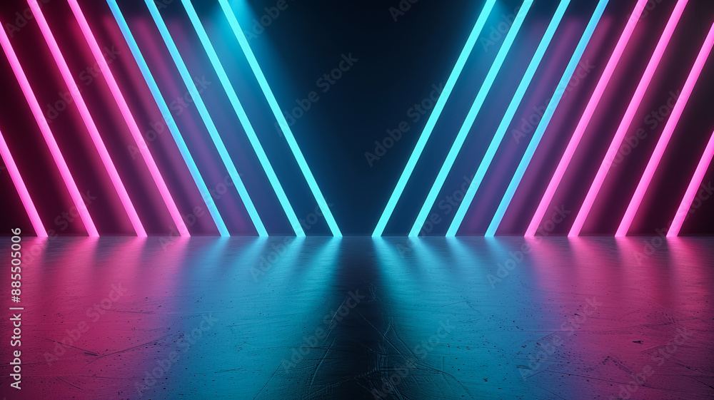 Poster dark background with vibrant neon lines intersecting blue and pink spotlights illuminating the scene