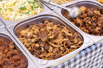 Red Hot Meat on Street Food Market, Sweet Bbq Pork In Sauce, Chinese Meal With Condiments