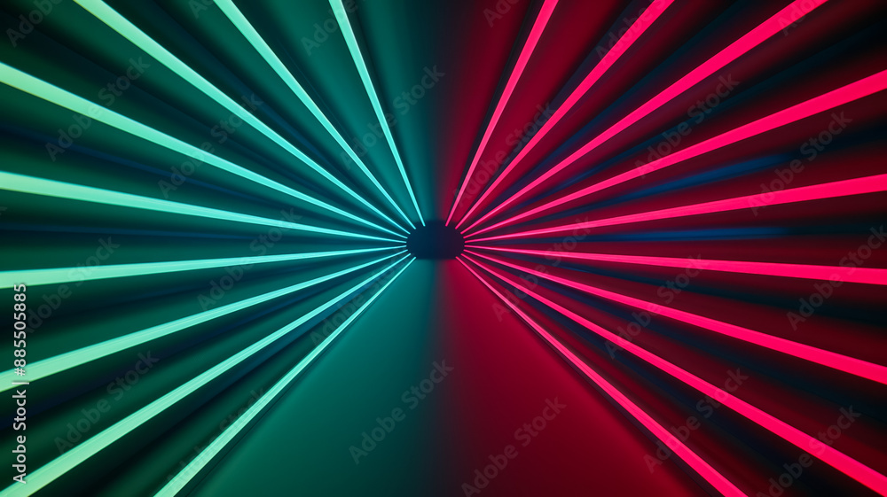 Poster isolated neon lines creating a starburst effect on a dark gradient background green and red spotligh