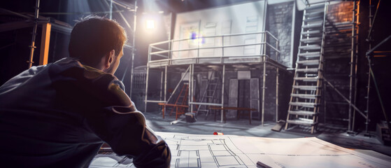 A man is deeply focused on a large set design plan, with a theater stage under construction in the backdrop, highlighting the detailed, creative process of theater production.