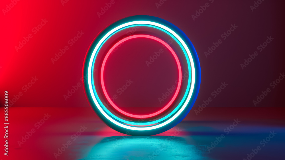 Poster isolated neon lines forming concentric circles on a dark gradient background red and cyan spotlights