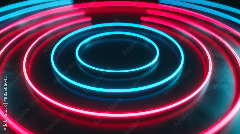 Poster isolated neon lines forming concentric circles on a dark gradient background red and cyan spotlights