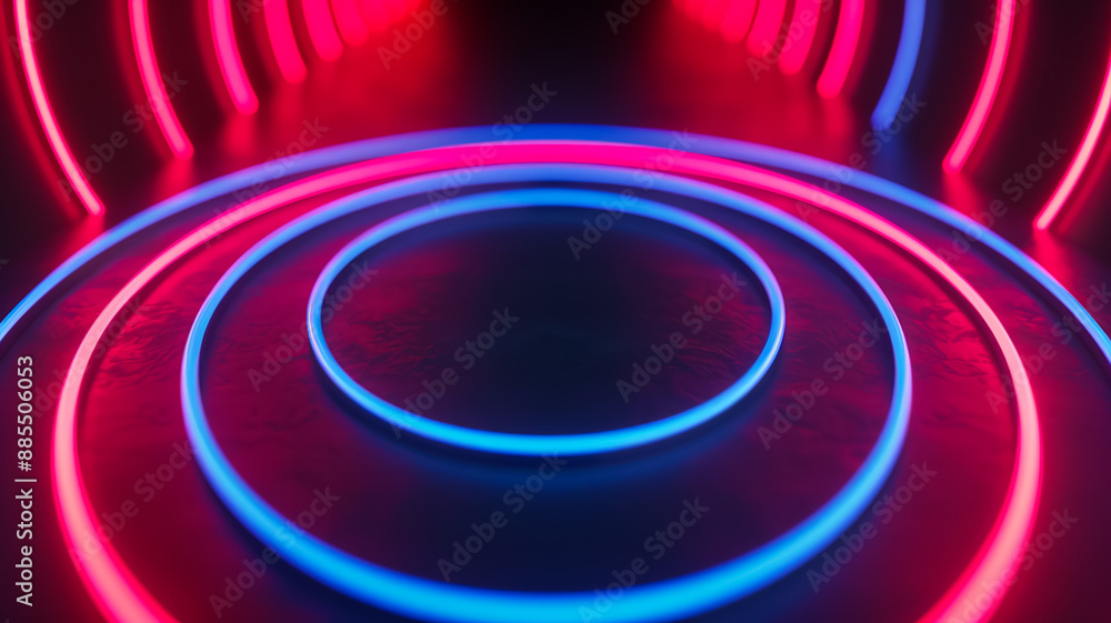 Aufkleber isolated neon lines forming concentric circles on a dark gradient background red and cyan spotlights