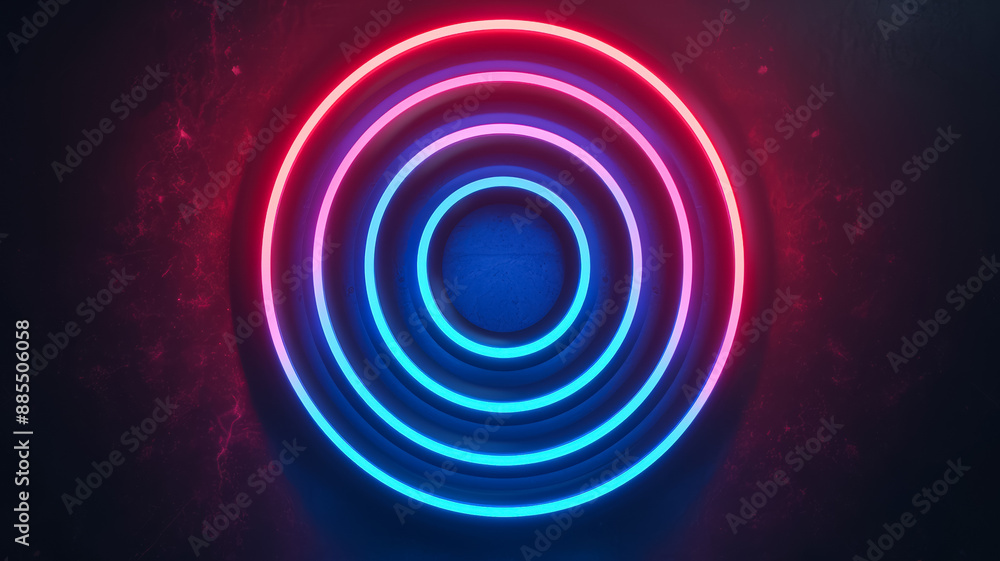 Poster isolated neon lines forming concentric circles on a dark gradient background red and cyan spotlights