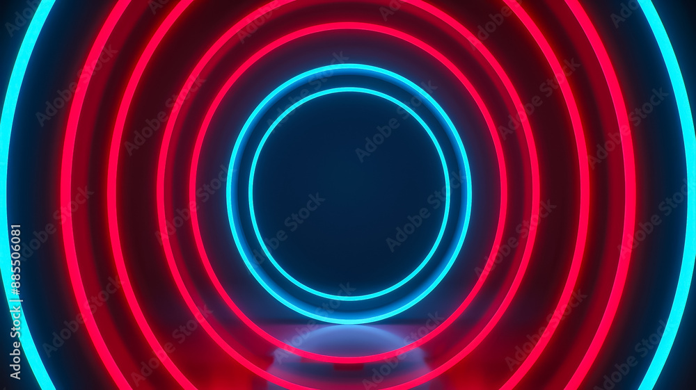 Poster isolated neon lines forming concentric circles on a dark gradient background red and cyan spotlights